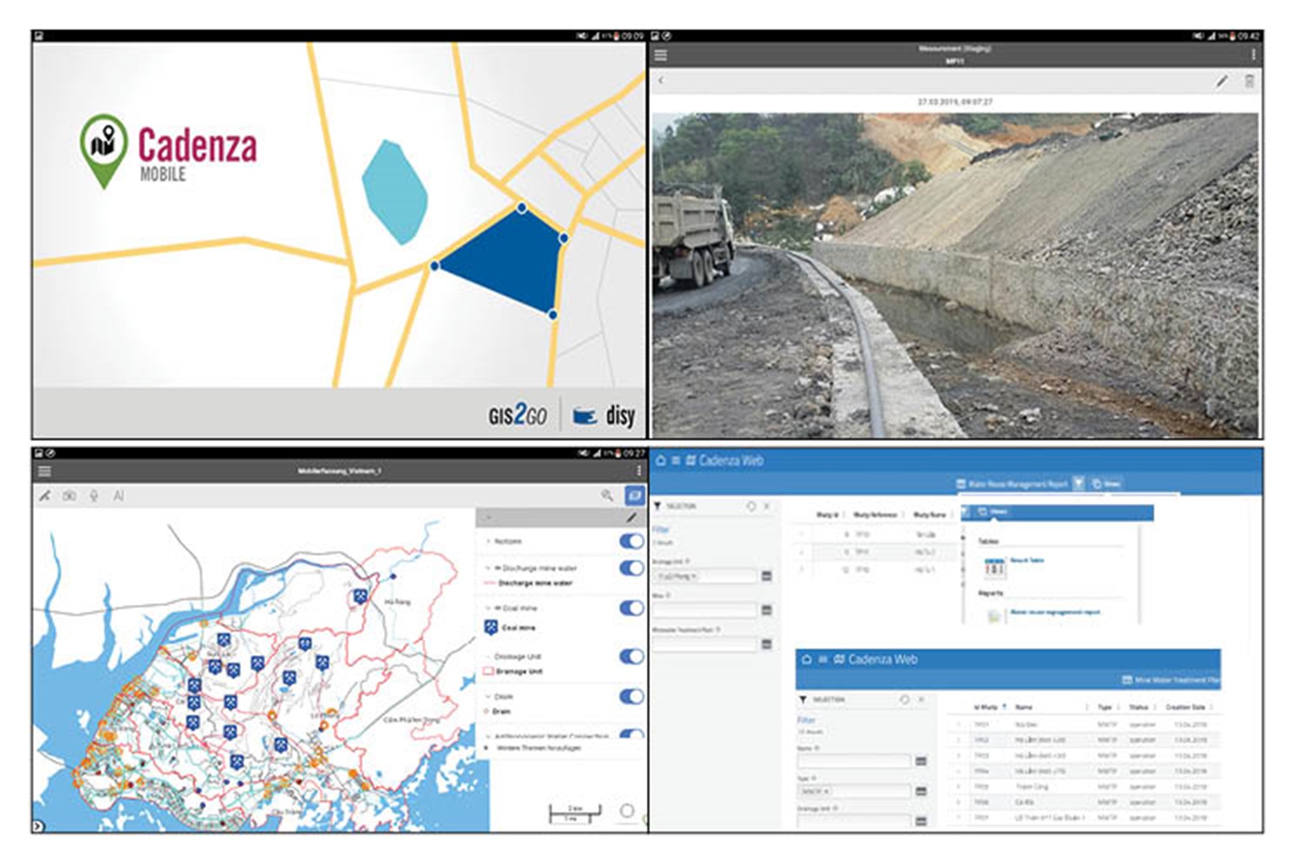 Vier verschiedene Screenshots: links oben eine schematische Karte mit Linien- und Flächenobjekten, rechts oben ein Beispielfoto aus einem Bergbaugebiet, links unten eine Karte, rechts unten eine Maske zum Eintragen und Ansehen von Attributen