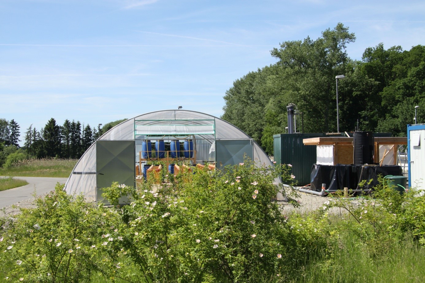 Blick auf das Foliengewächshaus mit den Wassertanks und den Pflanzrohren des hydroponischen Systems sowie daneben auf die Containerteile der Pilotanlage zur Aufbereitung des kommunalen Abwassers