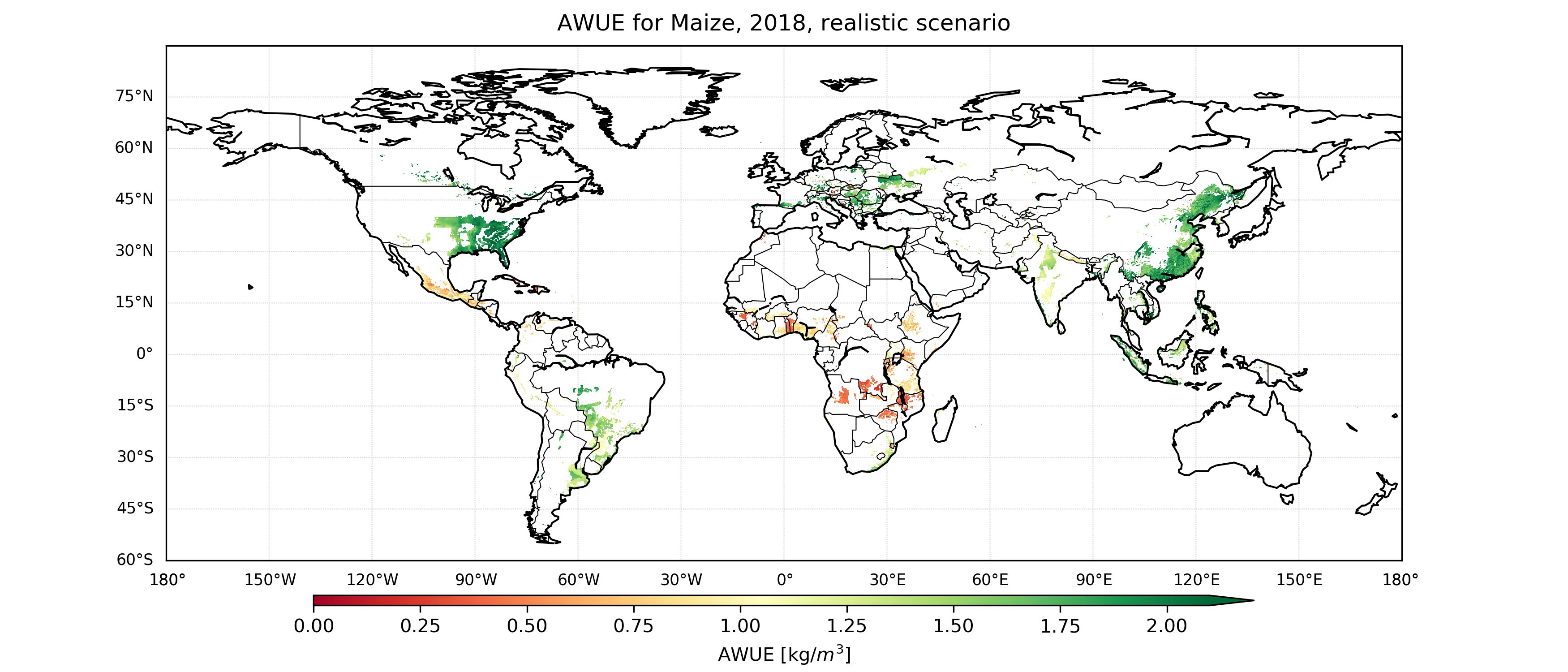 Global map of agricultural water use efficiency (AWUE) for maize in 2018 as determined with ViWA’s global monitoring system for agricultural management. While AWUE is high (i.e. up to 2 kg/m3) in most parts of Northern America, Europe and Western Asia, the AWUE values for Africa and Central America are low.