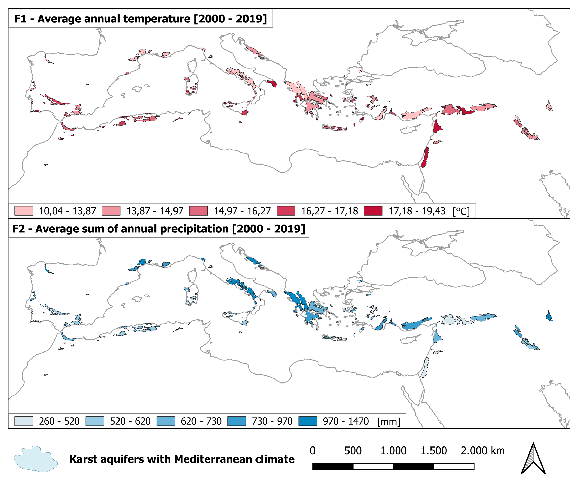 The figure shows karst aquifers with Mediterranean climates (focus on the Mediterranean Sea) and their average annual temperature and average sum of annual precipitation.