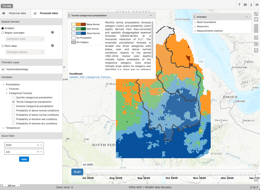 A screenshot of the online forecasting tool, which shows the predicted precipitation categories on a map over the Blue Nile and Tekeze-Atbara basins in Ethiopia and Sudan for July 2020. The probability is colour-coded, with colour intensity increasing with increasing probability. The categories for above-average, normal and below-average precipitation are derived from the climatology from 1981 to 2016. Sidebars, a legend box and time slider show further functionalities and selection options of the online forecast tool.
