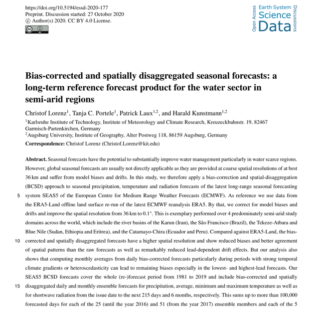 Shown is the first page of the article “Bias-corrected and spatially disaggregated seasonal forecasts: a long-term reference forecast product for the water sector in semi-arid regions” in the journal “Earth System Science Data” with a list of authors and the abstract English.