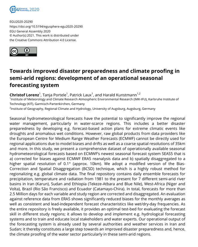 Displayed is the English abstract and list of authors of the conference presentation “Towards improved disaster preparedness and climate proofing in semi-arid regions: development of an operational seasonal forecasting system” for the EGU General Assembly 2020.