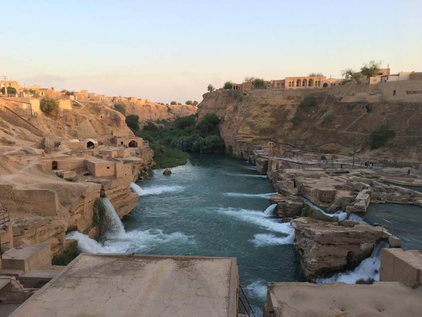 Shown is a photo of the waterfalls of the historic Shushtar hydraulic system in Iran.