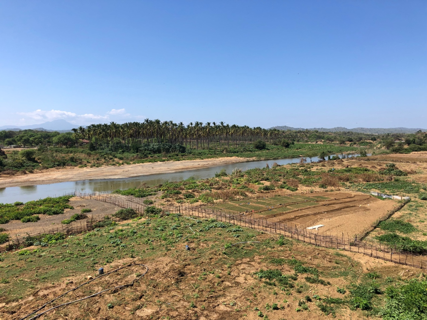A photo of the river landscape of the Catamayo-Chira on the border between Ecuador and Peru with isolated areas for cultivation, fallow land and palm plantations.