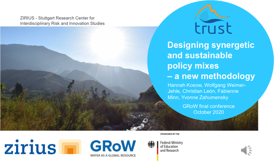Title slide of the presentation “Designing synergetic and sustainable policy mixes – a new methodology”, in the background you can see a landscape image from the upper catchment area of the river Lurín.