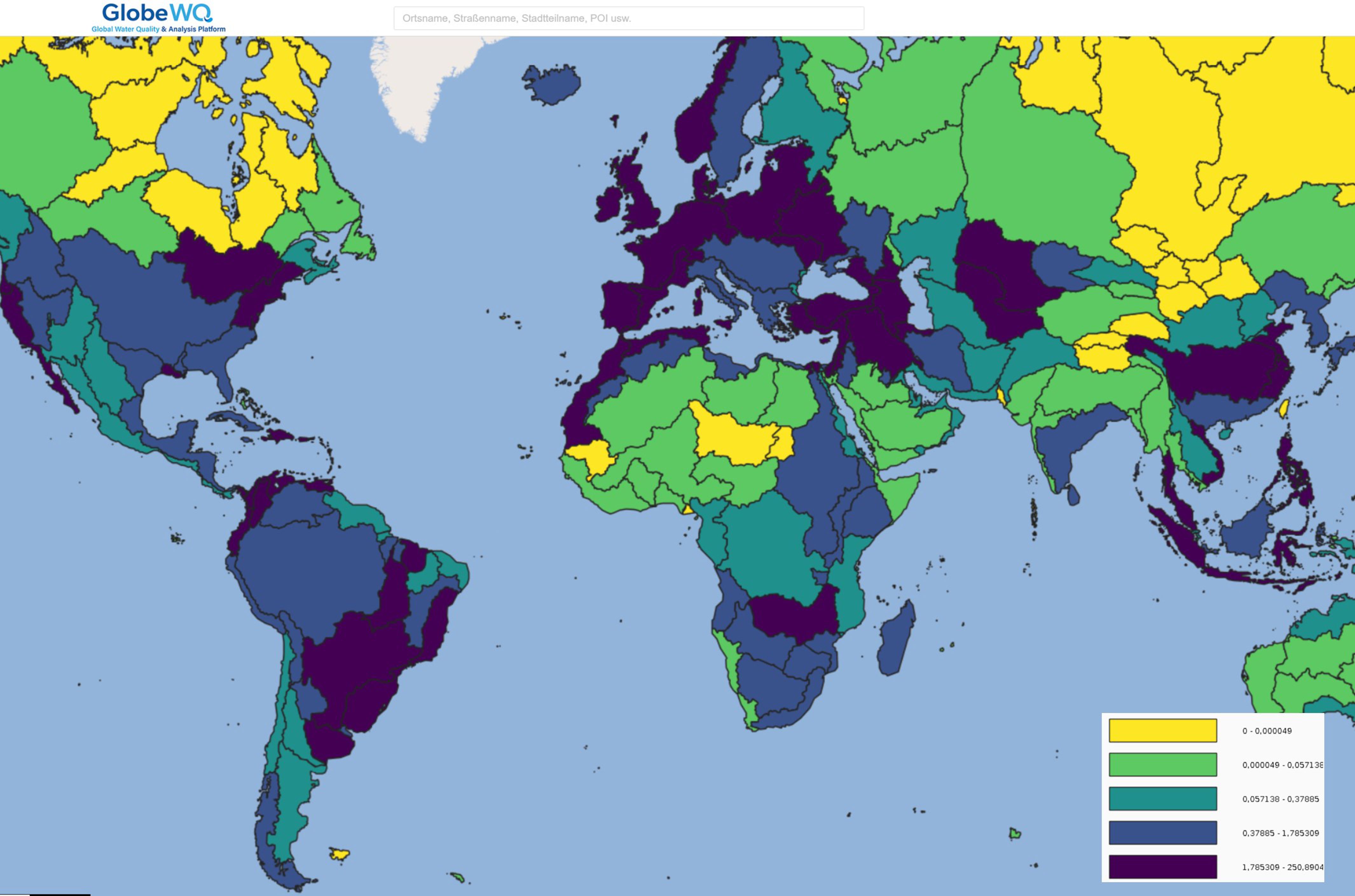 Ausschnitt einer Weltkarte mit einzugsgebietsbezogenen Ergebnisse des WorldQual-Modells (Belastung mit fäkalcoliformen Bakterien infolge der Ausbringung von Dung). Anhand der Farbskala lassen sich Einzugsgebiete mit hoher und niedriger Belastung unterscheiden