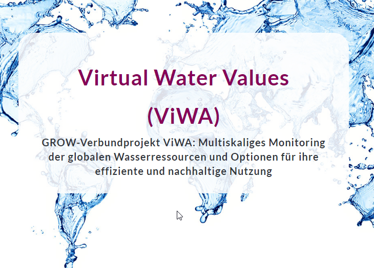 Screenshot of the ViWA-homepage showing the title "Virtual Water Values (ViWA)". In the background there is a map of the world made out of splashes of water.
