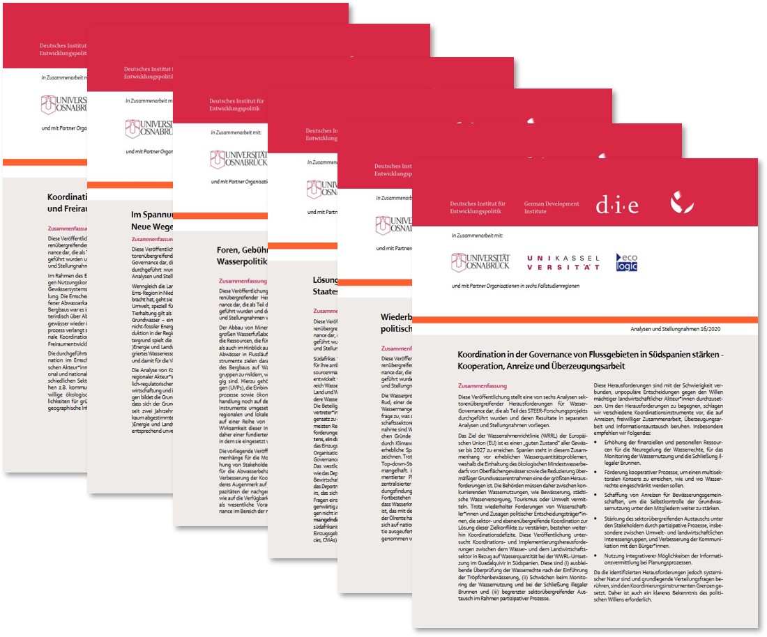 The picture shows the six published STEER policy briefs for more coordination and cooperation to achieve the goals of integrated water resource management