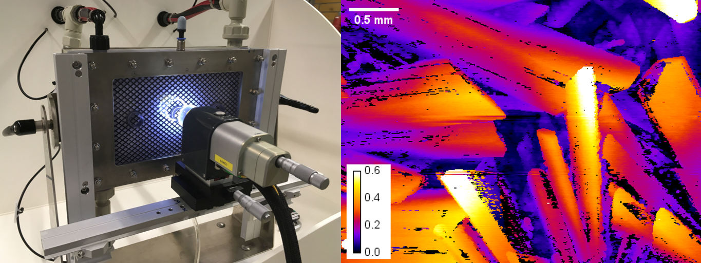 Flat channel cell with mounted OCT head (left) and the height topographic representation of a membrane section covered with scaling (right). The color coding of the heights can be read from the calibration bar