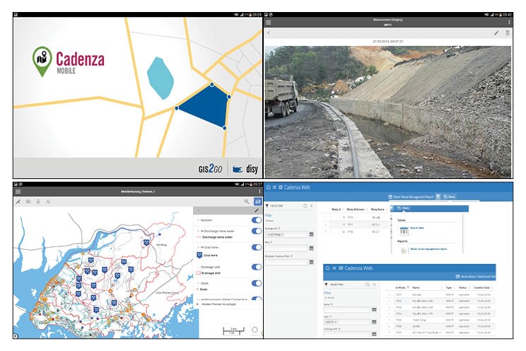 Four different screenshots: top left a schematic map with line and area objects, top right an example photo from a mining area, bottom left a map, bottom right a mask for entering and viewing attributes