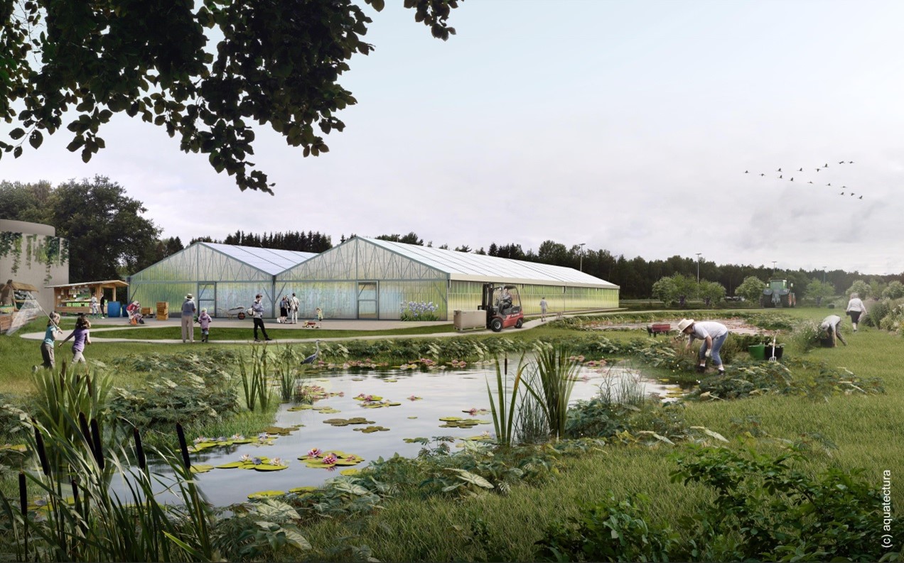 Two foil greenhouses are surrounded with green areas and planted fining ponds; people visiting or working in the farm store can be seen.