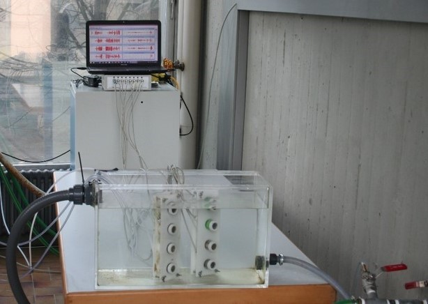 Installation of the groundwater biomonitor with Gammarus fossarum (Bachflohkrebs)and Niphargopsis casparyi (Grundwasserflohkrebs) in a drinking water facility. In front, the flow-through tank with the sensor chambers, each containing one indicator organism, which moves free in the chamber.