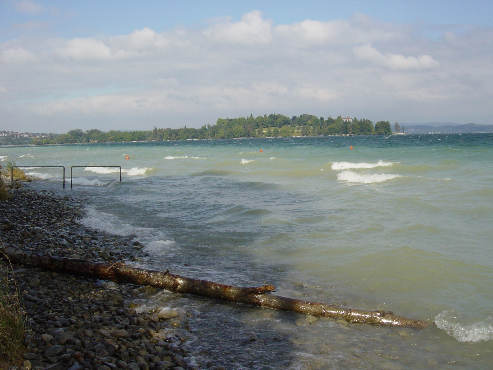 Im Vordergrund des Bildes ist ein Ufer mit Kiesschüttung und Baumstamm zu sehen. Hohe Wellen mit Schaumkronen laufen in das Ufer ein. Im Hintergrund sieht man die Insel Mainau.