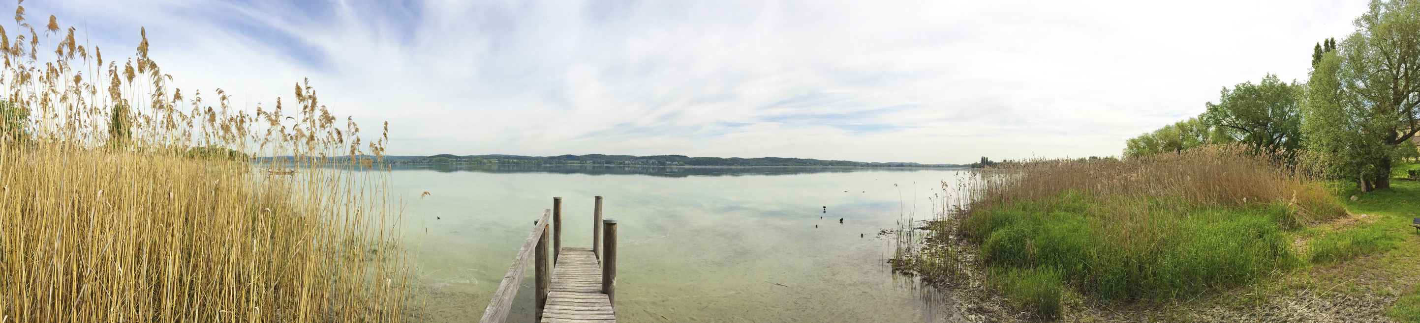 Das Panoramabild zeigt einen See mit Steg im Vordergrund und natürlicher Ufervegetation an den Seiten.