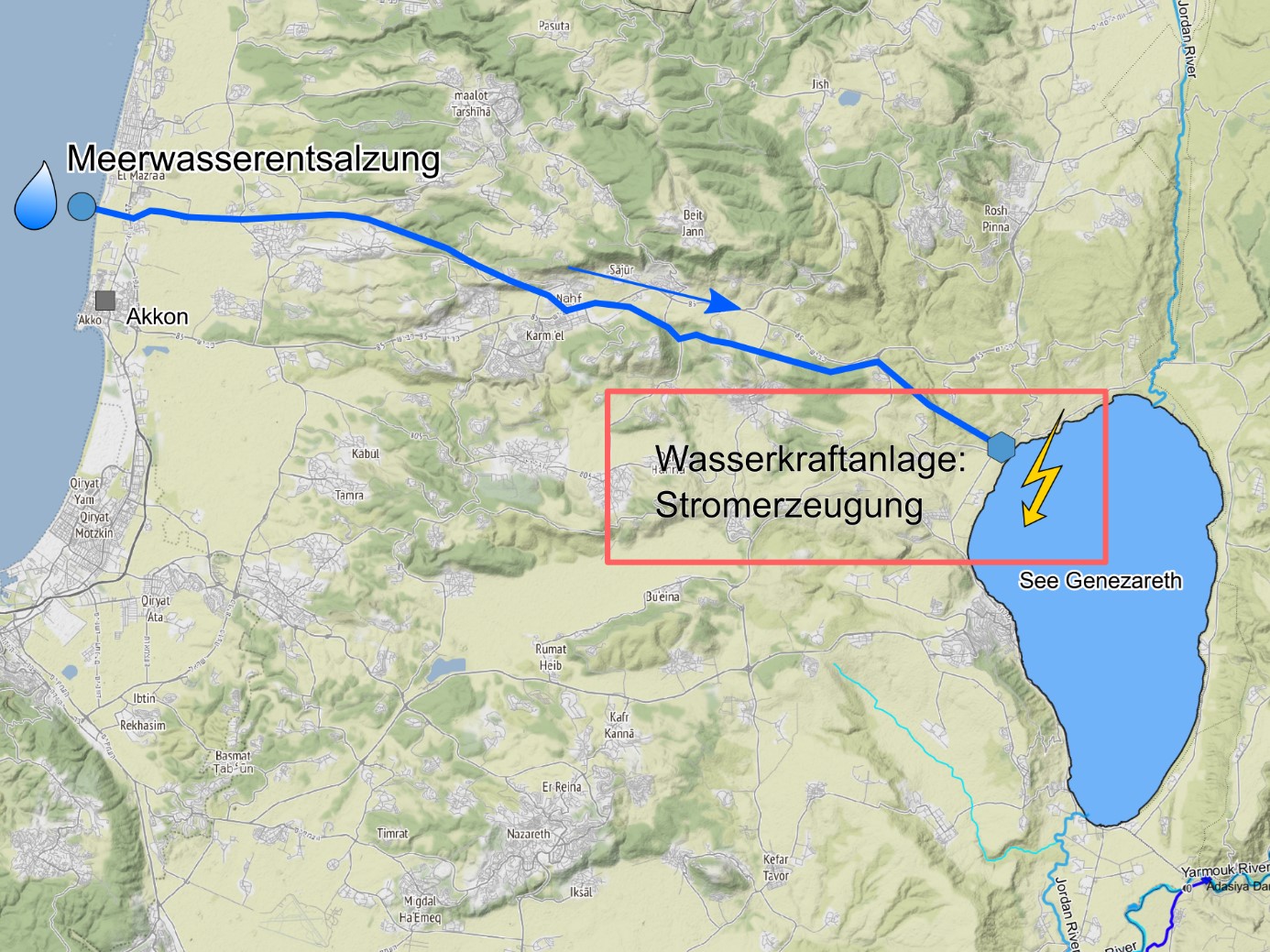 Overview map of the pipeline from the seawater desalination plant at the Mediterranean coast to the hydropower plant at Lake Tiberias