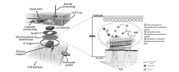 Schematic diagram of an electrochemical membrane reactor (EMR), which was designed and constructed with integrated membrane separation and electrochemically controlled processes, allowing efficient removal of micropollutant. The key components of the EMR includes an electrochemical membrane, a counter electrode, and a spacer.