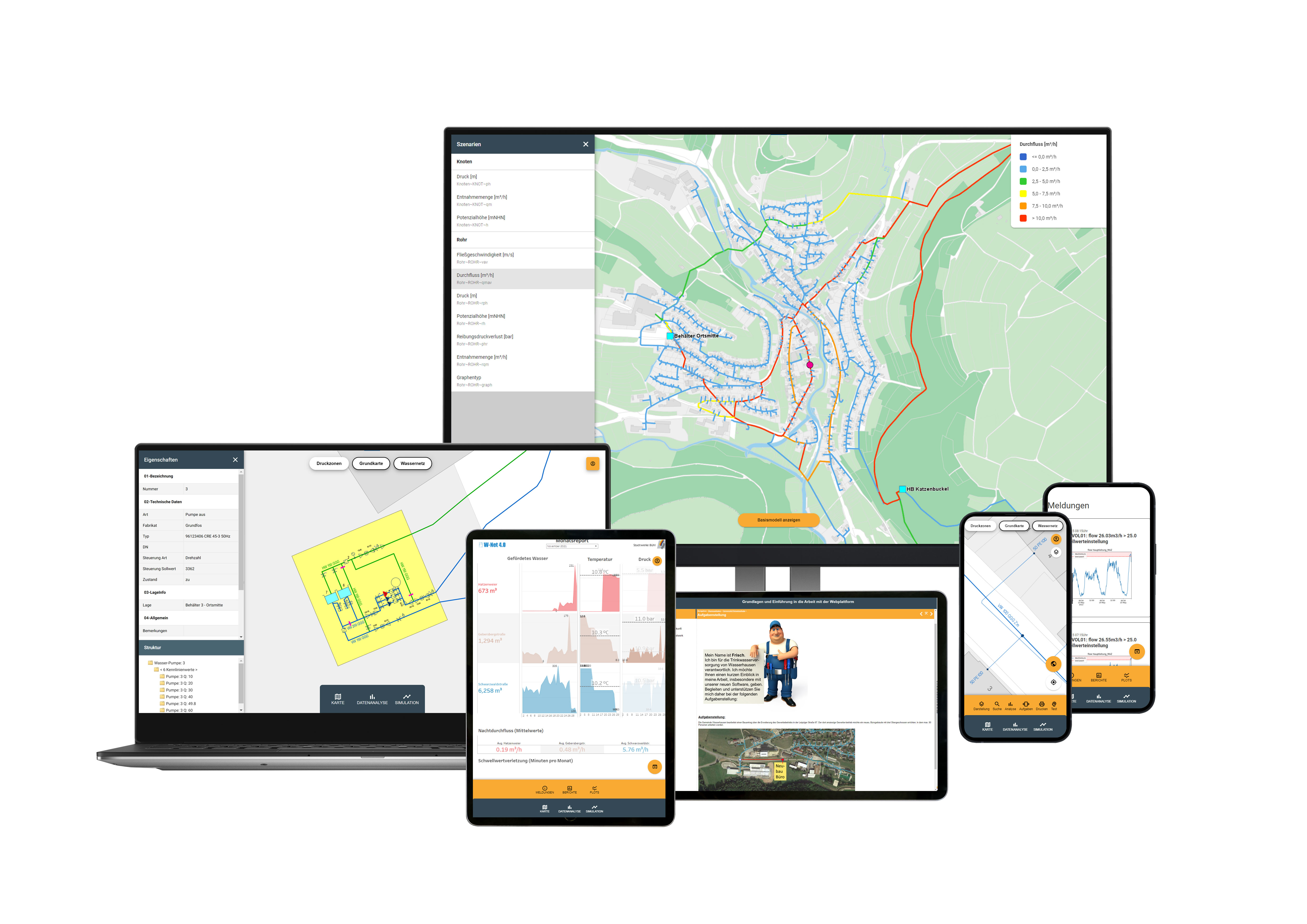 Anwenderfreundliche Benutzeroberfläche der W-Net 4.0 Plattform, welche einen Zugriff auf GIS, Simulations- und Datenanalyse-Tools auf unterschiedlichen Endgeräten ermöglicht.