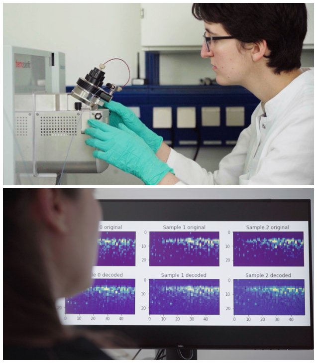 The upper part of the photo shows an LC-HRMS analysis device in a drinking water laboratory and on the lower part of the photo a screenshot for evaluating analysis results through pattern recognition with neural networks.