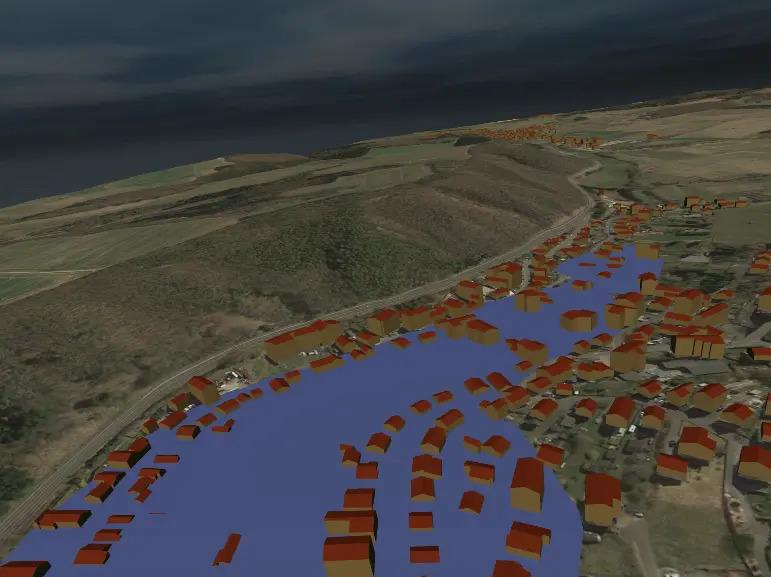 The image shows a 3D model of a landscape with a satellite image as texture, which is flooded with digital water.