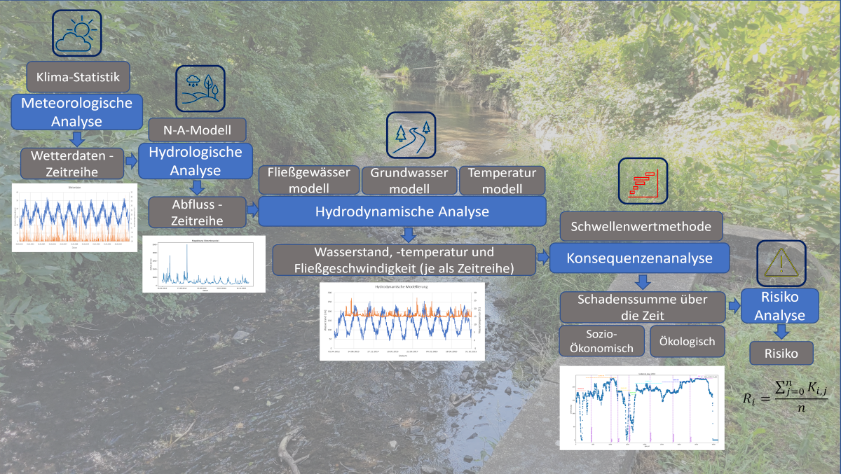 In the upper part of the illustration, a small watercourse at low water can be seen in the background. In front of it is a chain of effects consisting of various partial analyses, which are connected by arrows. The input data and results are described for each analysis and an image is attached for visualization. The logo of the Low-Flow Risk Decision Support software can be seen at the bottom of the image. It is a blue framed field with a large logo and many small icons representing the base analyses.