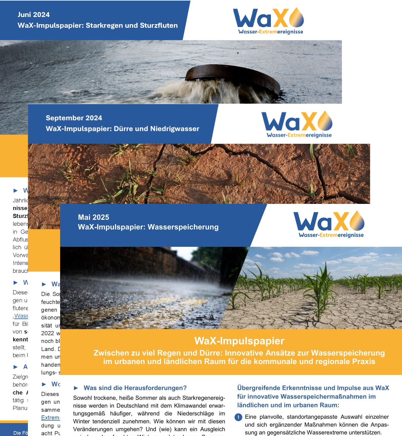 The image shows overlapping sections of the front pages of the three WaX impulse papers. 