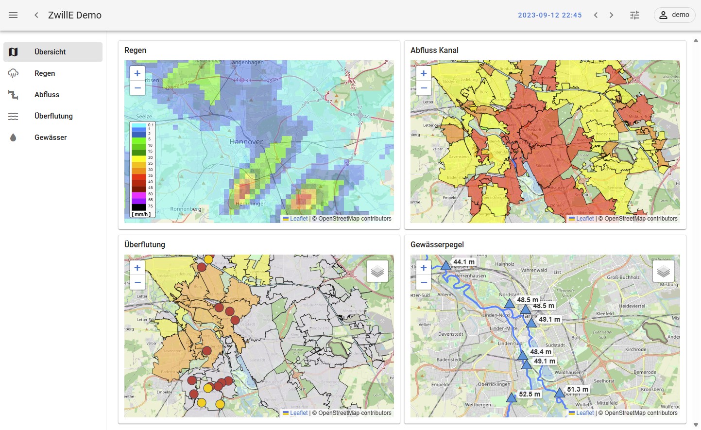The image shows the overview page of the digital twin developed for the Hanover use case. Using a map-based visualization, the digital twin presents the current and expected regional precipitation situation in the urban area to the operating personnel of the urban drainage company (top left map). In addition, the effects resulting from the precipitation event in the various sub-areas of the drainage system are illustrated: a) the load situation in the sewer network (top right map), b) the surface flooding in urban sub-catchment areas, including potential critical areas (bottom left map), and c) the hydraulic and material properties of the water (quantity and quality), including their influence from rainwater discharges and combined sewer overflows (bottom right map).