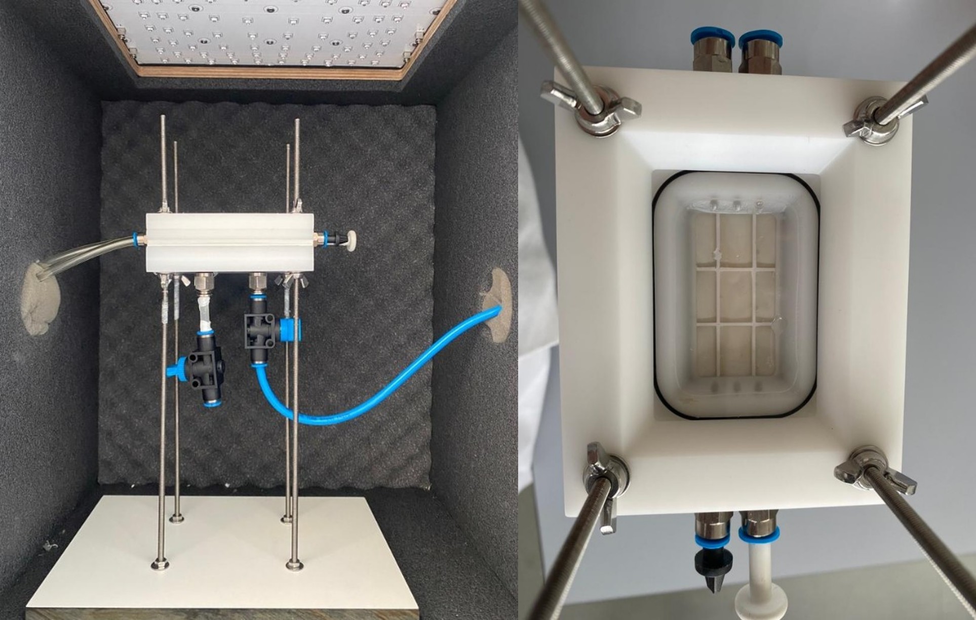left: laboratory-scale reactor in a closed irradiation chamber, which is covered with foam. The LEDs are arranged on the ceiling of the irradiation chamber. The reactor is attached to four threaded rods to ensure the optimum distance to the LEDs