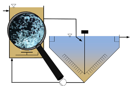 Zu sehen ist eine schematische Darstellung des Belebungsverfahrens mit einem belüfteten aeroben Belebungsbecken gefolgt von einem Nachklärbecken zur Abtrennung des Belebtschlammes vom gereinigten Abwasser.